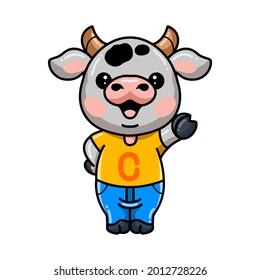 Cute baby cow cartoon waving hand