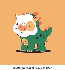 Cute baby cow in dinosaur costume vector cartoon character isolated on background.