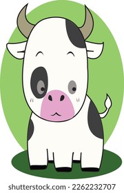 Cute baby cow  in green background . A Black and white calf .Adorable vector Illustration