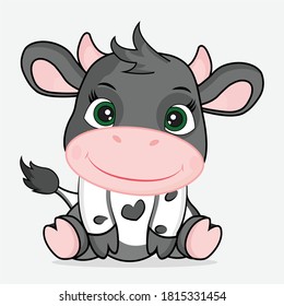 Cute Baby Cow. Happy Cow Cartoon Character. Little Cow In Flat Style Isolated On The White Background . The Symbol Of New Year 2021. Vector Illustration.