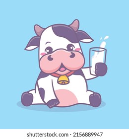 Cute baby cow holding glass of milk cartoon icon illustration
