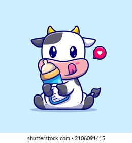 Cute Baby Cow Holding Milk Cartoon Vector Icon Illustration. Animal Food Icon Concept Isolated Premium Vector. Flat Cartoon Style