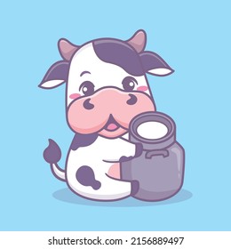 Cute baby cow holding milk container cartoon icon illustration