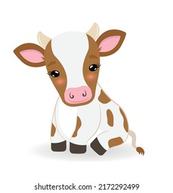 Cute Baby Cow Little Chracter For Kids. Flat Vector Illustration