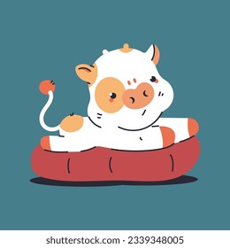 Cute baby cow lying on pillow vector cartoon character isolated on background.