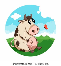 Cute baby cow on a green field with butterfly