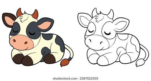 Cute Baby Cow Sleeping Cartoon Coloring Book For Kids Printable Outline Vector