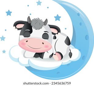 Cute Baby Cow sleeping on the moon