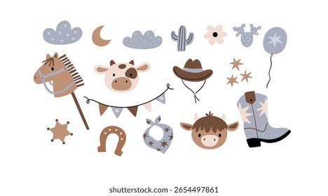 Cute Baby Cowboy accessories set. Western boots, shoes, hat, plants, animals.. American country fashion fo little kids. Flat style vector illustration. Baby Shower Cowboy decor