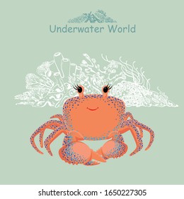 Cute baby crab and coral reef. Underwater world print for children's wear, greeting cards, menu, wallpaper, decoration. Vector Illustration