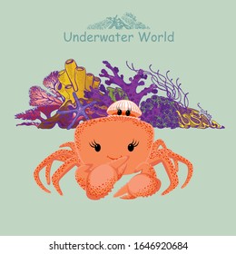 Cute baby crab, sea shell and coral reef. Underwater world print for children's wear, greeting cards, menu, wallpaper, decoration. Vector Illustration