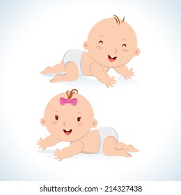 Cute baby crawling. Cute baby boy and girl crawling in a diaper.