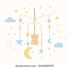 Ilustração móvel de berço de bebê bonito com ursinho de pelúcia estrelas lua e constelações em cores pastel