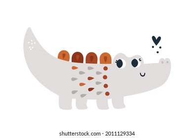 Cute baby crocodile with floral ornament isolated on white background. Cute illustration for kids with cartoon animal. Childish print with crocodile for nursery clothing, card, poster, anniversary
