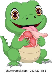 cute baby crocodile holding raw meat cartoon