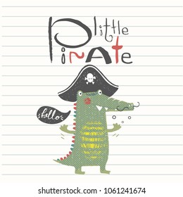 Cute baby crocodile  in a pirate  suit cartoon hand drawn vector illustration. Can be used for baby t-shirt print, fashion print design, kids wear, baby shower celebration greeting and invitation card