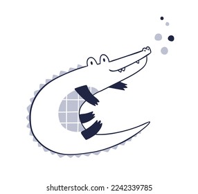 Cute baby crocodile in Scandinavian style. Funny childish alligator. Kids Nordic character, wild tropical adorable sweet croc. Contoured flat vector illustration isolated on white background
