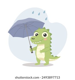 Cute baby crocodile with an umbrella in the rain. Autumn children's illustration, print, card