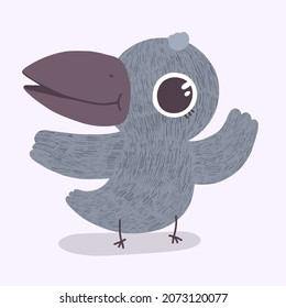 Cute Baby Crow waving and smiling. Hand drawn adorable cartoon character with big eyes. Vector little raven on pastel background for bird stickers design, greeting card, mascot, typografy decoration.