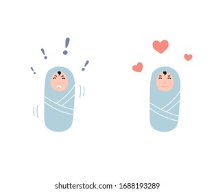 Cute baby cry and smile. Flat vector cartoon illustration.