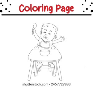 Lindo bebé llorando tiempo de alimentación para colorear página de libro para niños.