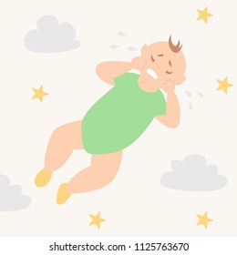 Cute baby crying with upset face. Little child bawling and rubbing eyes. Troubles with baby sleep concept. Isolated vector image