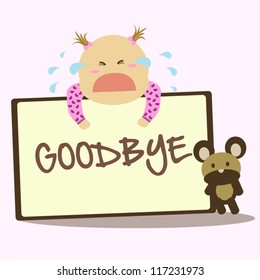 Cute baby crying when holding a "goodbye" card for farewell with toy bear on pink background