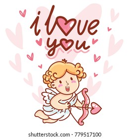 Cute baby Cupid angel with lettering calligraphy text on romantic pink background with hearts. I love you. Hand drawn Valentine Day illustration in cartoon style for greeting card
