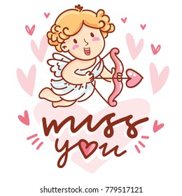 Cute baby Cupid angel with lettering calligraphy text on romantic pink background with hearts. Miss you. Hand drawn Valentine Day illustration in cartoon style for greeting card