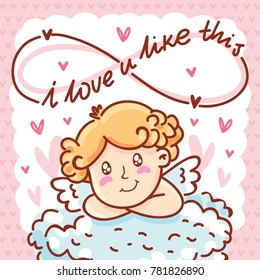 Cute baby Cupid angel with lettering calligraphy text on romantic pink background with hearts. I love you infinitely. Hand drawn Valentine Day illustration in cartoon style for greeting card