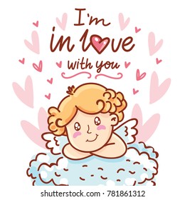 Cute baby Cupid angel with lettering calligraphy text on romantic pink background with hearts. II'm in love with you. Hand drawn Valentine Day illustration in cartoon style for greeting card