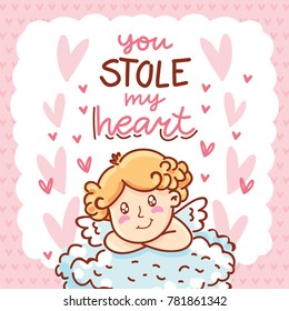 Cute baby Cupid angel with lettering calligraphy text on romantic pink background with hearts. You stole my heart. Hand drawn Valentine Day illustration in cartoon style for greeting card