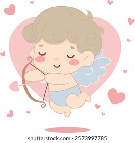 Cute baby cupid character with a bow, St. Valentine s day, pastel colours. Vector illustration in flat cartoon style