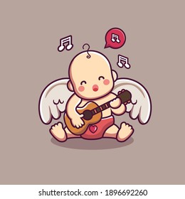 cute baby cupid character playing guitar and singing with valentines theme background