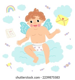 Cute baby cupid in a diaper sitting on a cloud. Mail, rainbow, clouds, candies, calendar floating around. Vector illustration for Valentine's day.