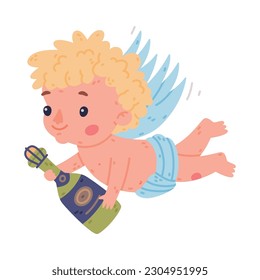 Cute baby Cupid flying with champagne bottle. Blond little boy angel character with wings cartoon vector illustration