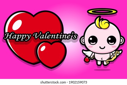 Cute Baby Cupid With Happy Valentine Greeting