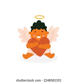 Cute baby Cupid hugging heart. Baby cherub character isolated on white background. Vector illustration for St. Valentine's Day card, print, kids products design.