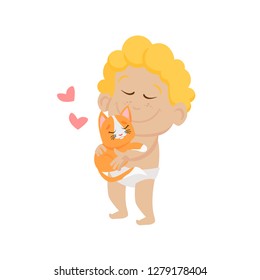 Cute baby cupid hugging red kitten. Tenderness, cat, heart. Valentines day concept. Can be used for topics like love, romance, dating