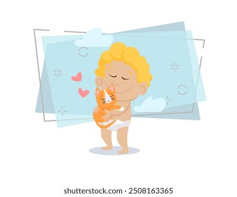 Cute baby cupid hugging red kitten. Tenderness, cat, heart. Valentines day concept. Can be used for topics like love, romance, dating