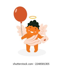 Cute baby Cupid with letter and balloon. Baby angel character isolated on white background. Vector illustration for St. Valentine's Day card, print, kids products design.