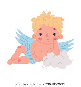 Cute baby Cupid lying on cloud. Adorable blond little boy angel character with wings cartoon vector illustration