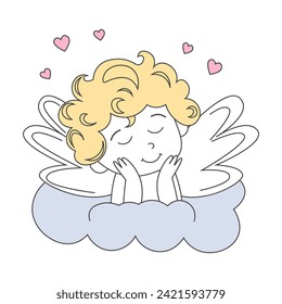 Cute baby Cupid on a cloud. Funny little cupid, angel with wings.