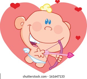 Cute Baby Cupid Shooting Arrows Over Big And Small Hearts. Vector Illustration Isolated on white