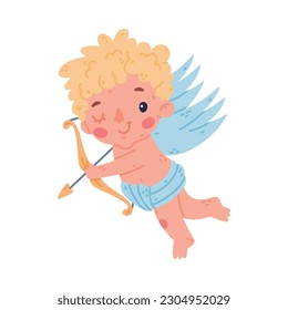 Cute baby Cupid shooting with bow. Adorable blond little boy angel character with wings cartoon vector illustration