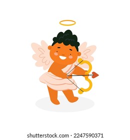 Cute baby Cupid shoots arrow with bow. Archer angel character isolated on white background. Vector illustration for St. Valentine's Day card, print, kids products design.