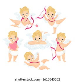 Cute baby cupids flat vector illustrations set. Amurs cartoon characters with wings and love arrows isolated on white background collection. Valentines Day decoration design elements.