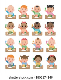 Cute baby daily illustration set, different races with skin color, baby food, baby noodles, eating, cartoon vector illustration, set, set, isolated