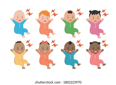 Cute baby daily illustration set, different races with skin color, noisy, crying, yelling, dissatisfied, character, cartoon vector illustration, set, set, isolated