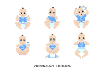 Cute Baby Daily Routine Set, Adorable Little Baby in Diaper with Different Emotions and Various Poses, Newborn Care Vector Illustration